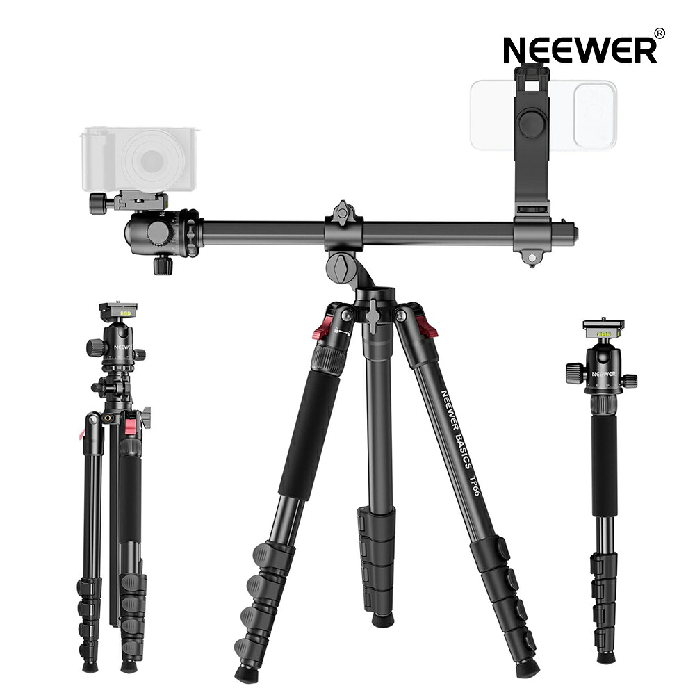 【P10倍UP中!】NEEWER BASICS 164珊録画媒体三脚 写真器三脚 気泡管水準器俯瞰三脚一脚 軽銀製 スマホホルダー付き添い人 渡航三脚照明ランプ デュアル写真器/DSLR写真器/テレビカメラ用 映画化用三脚 旅する三脚 iPhone 16 Pro Max/15/Galaxy S25 S24 Ultra相応う 耐荷重10kg TP66 TV・オーディオ・カメラ-三脚