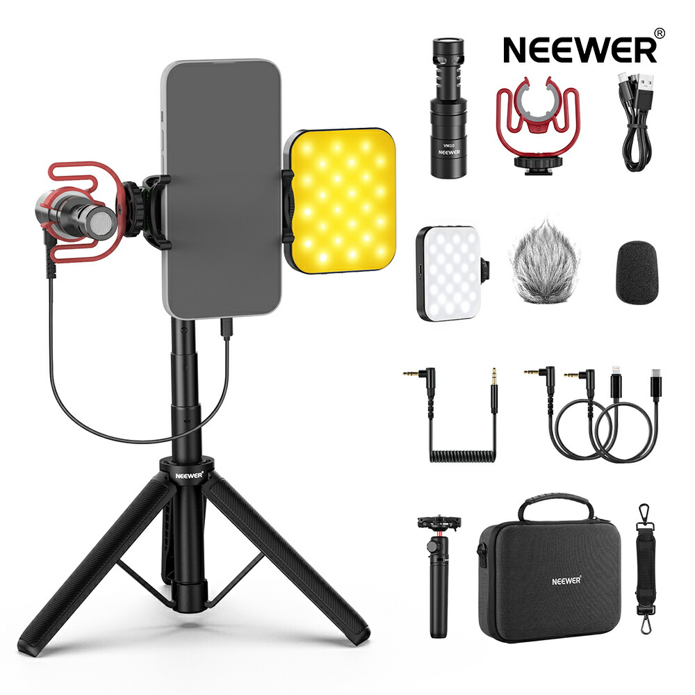NEEWER BASICS スマホビデオキット LED映像媒体点火装置+自撮り棒三脚架+マイクロホン付き添い人 iPhone/Android用周遊三脚 スマホビデオリグ Vlog/ポッドキャスト/YouTube/TikTok映画化/録画/生放送用 YouTuber未経験者向け 映画化付属物 PA050