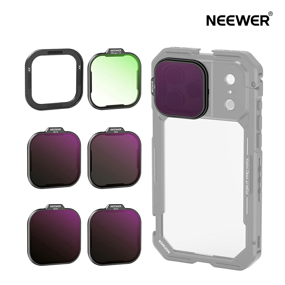 【P10倍UP中!】NEEWER NDフィルターセット PA143/PA144 スマホケージ専用 ND8/16/32/64 減光 1/4ブラック拡散フィルター マグネット式バックプレート iPhone 17 Pro/17 Pro Max対応 フィルターアクセサリーキット 8,564円