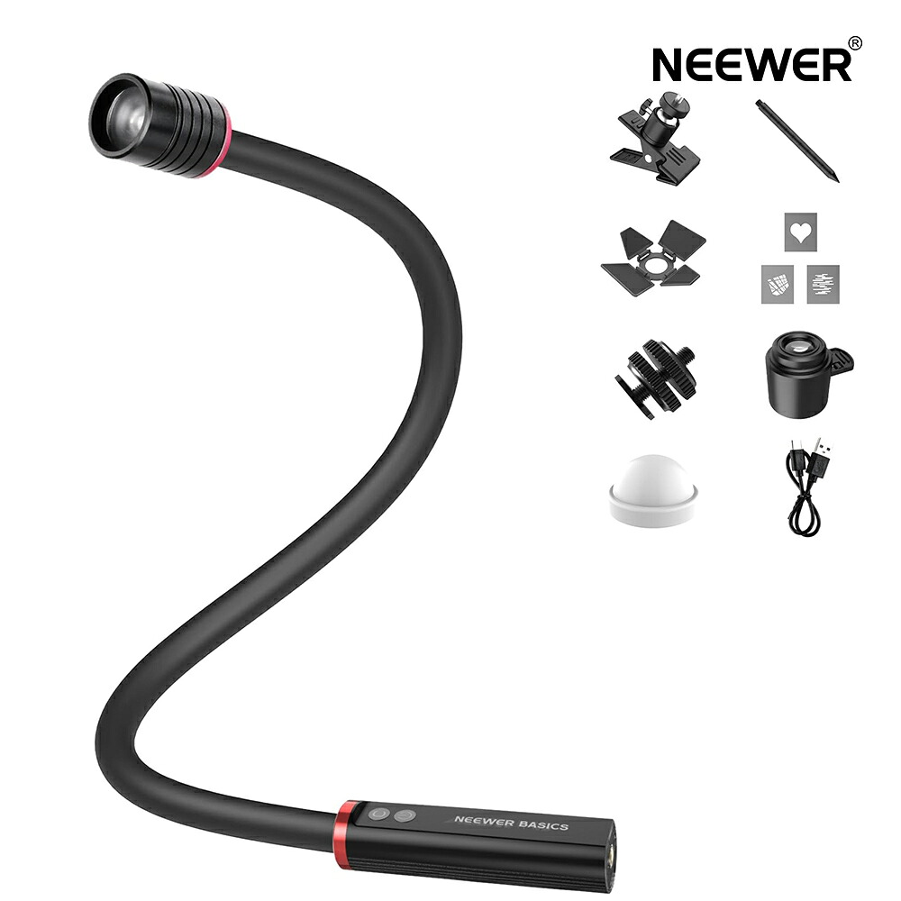 NEEWER BASICS ML01 USB C LEDライト マクロ撮影用 アーム式 4W IP54 ビーム角調整可能 1830Lux CRI95 高演色性 スポットライト 5色RGB 2500mAhバッテリー/コールドシューマウント/クランプ/GOBOアクセサリー｜neewer-store