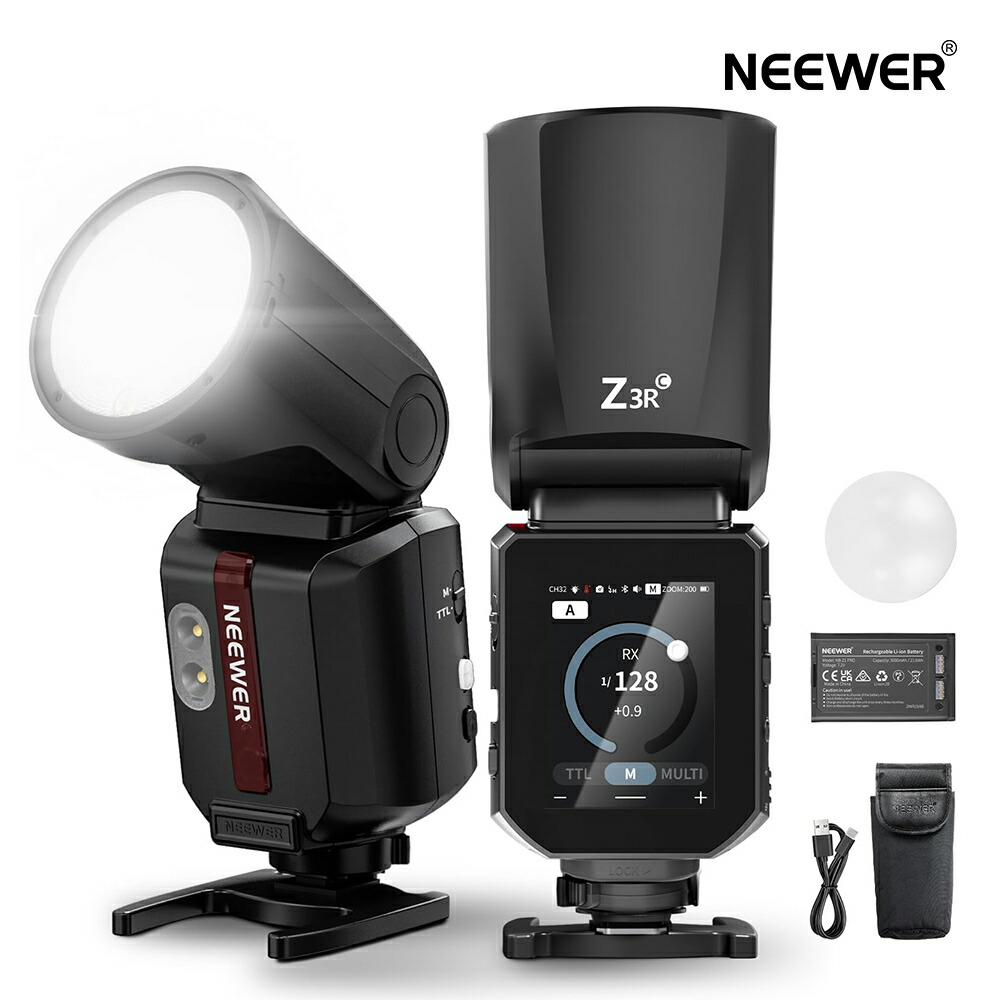 NEEWER Z3R-C 閃光電球閃光電球 100Ws 2.4G TTL ラウンドヘッドスピードライト Godox相応う タッチスクリーン 1/8000s HSS モデリング照明ランプ2個 TTL/Mうつり変わり 3000mAh乾電池 500フルパワーフラッシュスタジオ映画化点火装置