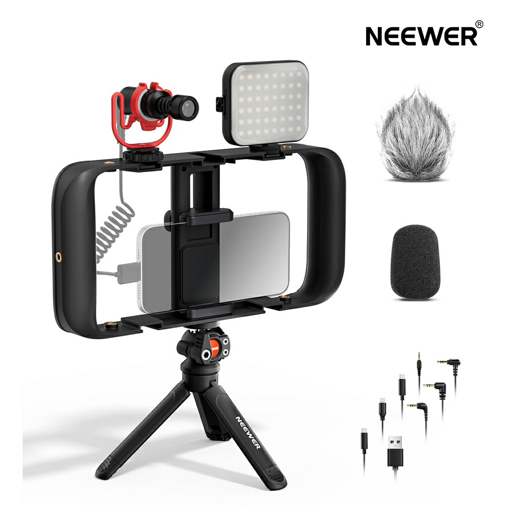NEEWER BASICS スマホビデオキット スマホケージリグ+マイクロホン+LED映像媒体点火装置+三脚架付き添い人 iPhone用ビデオブログセット YouTube/TikTok映画化/映像媒体録画/生放送/ポッドキャスト/Vlog用 YouTuber未経験者向け 映画化付属物 PA055