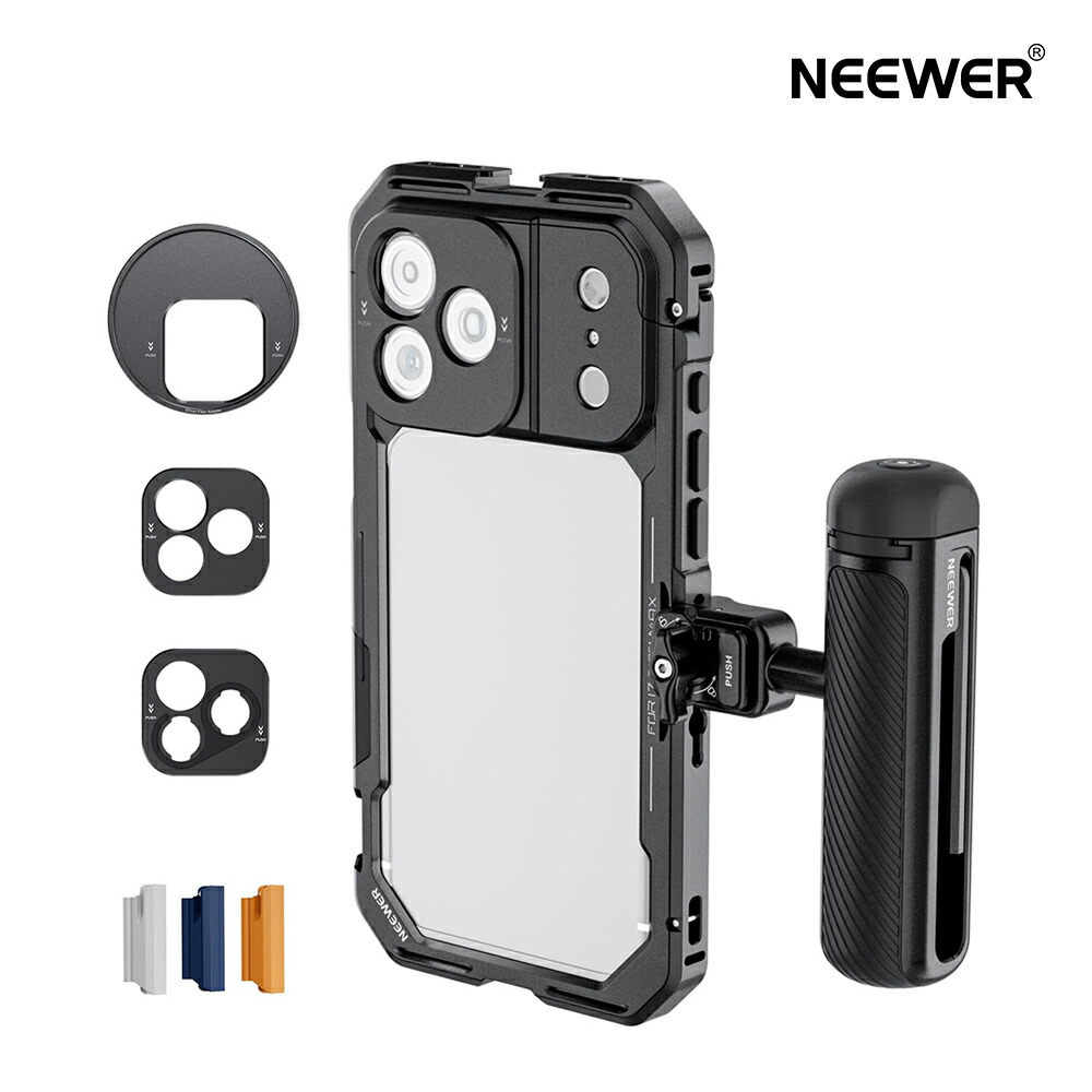 NEEWER スマホケージキット iPhone 17 Pro Max相応う ビデオリグスタビライザーアクセサリー 67粍水漉し輪っか/17粍\u0026Tマウントレンズバックプレート/クイック版行Bluetooth手持ち部分付き添い人 PA144(黒いこと)