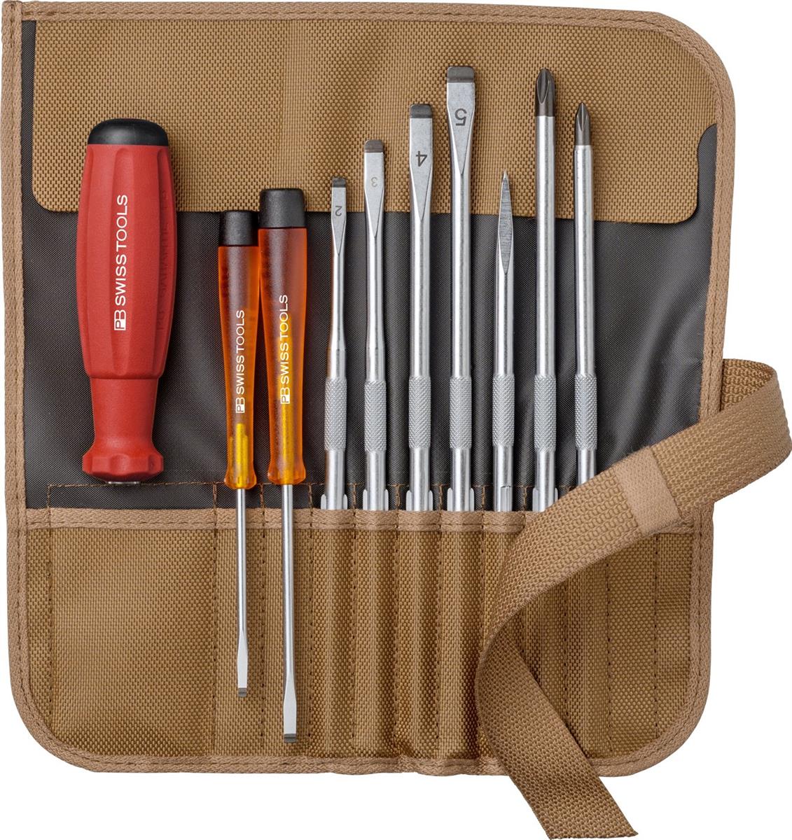 PB SWISS TOOLS ピービースイスツールズ 9本組 差替式ドライバーセット ロールケース(ブラウン)付 8218.TO｜ねがいごと店