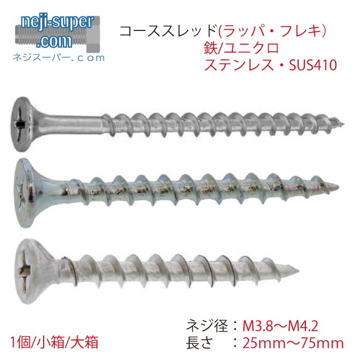 コーススレッドラッパフレキM3.8M4M4.2長さ25粍~75粍大きさ選べる鉄ユニクロステンレスSUS410大工仕事用螺旋釘用材用螺旋釘組み上げる木ねじSUSばら薔薇売り木下地用焼セッコウゲーム盤DIY