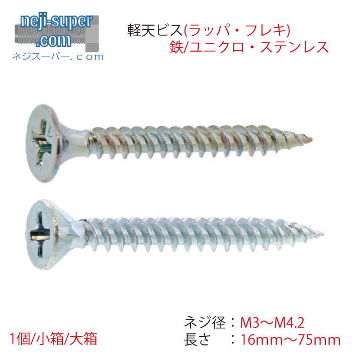 軽天ビスラッパフレキM3M3.5M3.8M4.2長さ16粍~75粍大きさ選べる薔薇ばら売り鉄ユニクロステンレスドライウォールワンタッチビスボードビス焼セッコウゲーム盤DIY組み上げる建材施工室内装飾ねじ螺旋釘