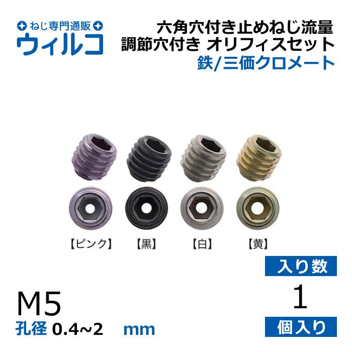 【楽天市場】[国内製] 六角穴付き止めねじ流量調節穴付き オリフィスセット 鉄 三価クロメート M5 バラ売り 1個入 孔径(mm)0.4～2 ...