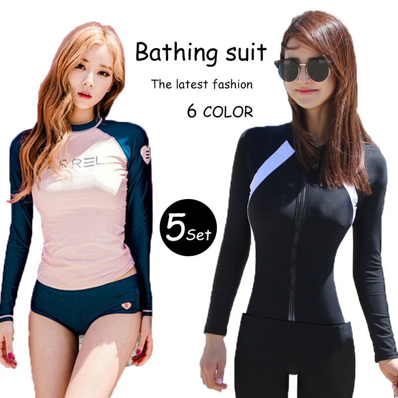 体型カバー 水着 レディース 長袖ラッシュガード 5点上下セット フィットネス水着 セパレート かわいい パンツ レギンス ボタニカル ママ水着 代 30代 40代 50代 オトナ女子 露出控えめ 脚 二の腕 太もも お尻 お腹 カバーアップ 黒 Giosenglish Com