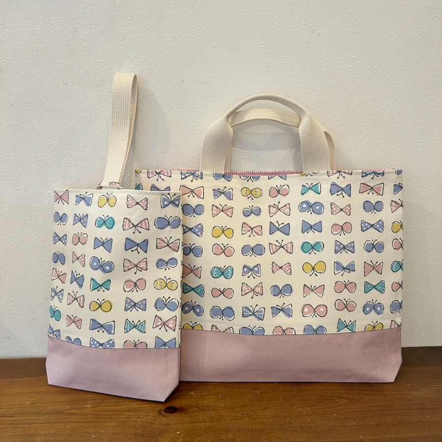 ちょうちょ柄☆グレー&サ―モンピンク　レッスンバッグ5点セット　入園入学女の子 ちょうちょ柄☆グレー&サ―モンピンク レッスンバッグ5点セット