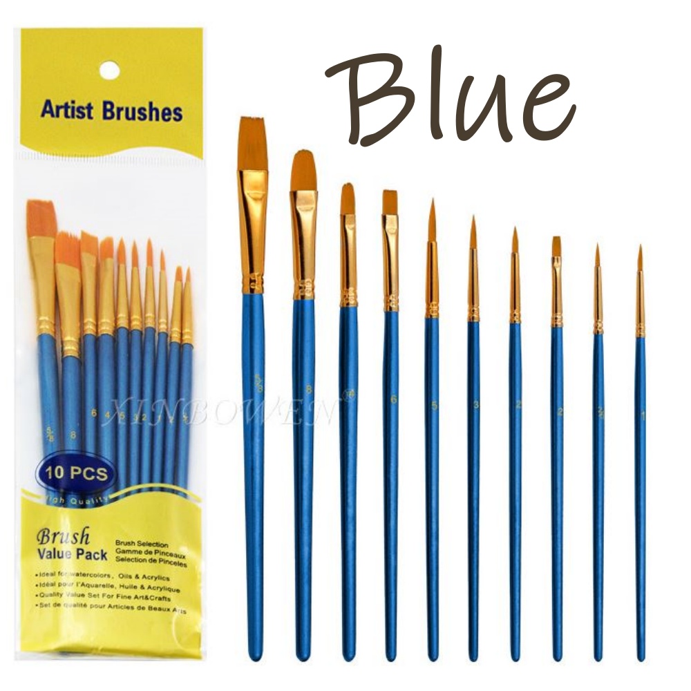 アクリル筆 水彩画 油絵 絵画 ペイントブラシ 画材筆 平型 青色 10種セット