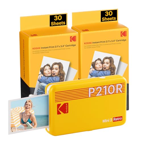 コダックKodak Mini 2 レトロ 4PASS スマホプリンター インスタントプリンター チェキプリンター(5.3ｘ8.6cm)+プリンター本体8枚入り+60枚バンドル、イエロー