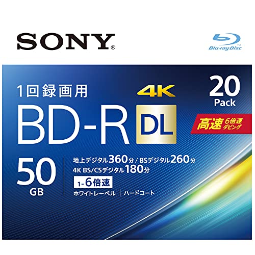 ソニー ブルーレイディスク BD-R DL 50GB (1枚あたり地デジ約6時間) 1回録画用 20枚入り 6倍速ダビング対応 ケース付属 20BNR2VJPS6｜ネコサン商店