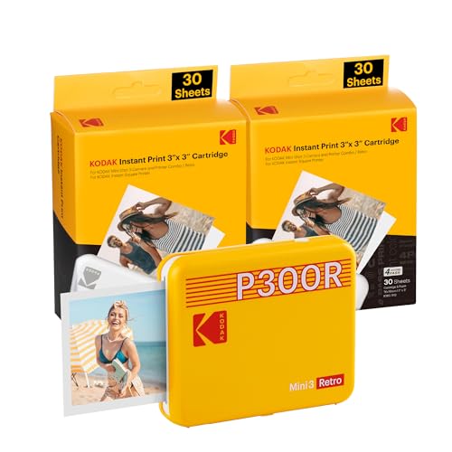 コダック KODAK Mini 3 レトロ 4PASS ポータブルフォトプリンター(7.6cmx7.6cm)+プリンター本体8枚入り+60枚バンドル、イエロー
