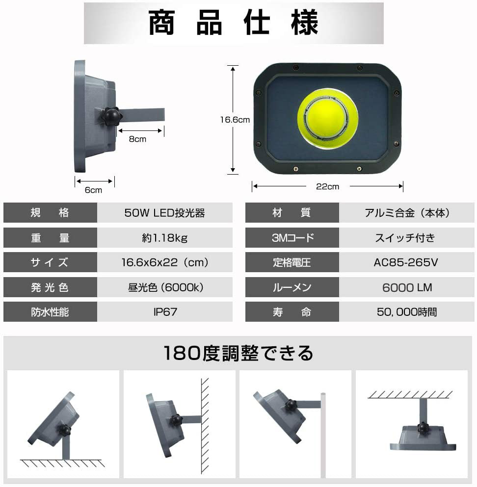 限定 50w led 投光器 スイッチ付き 作業灯 看板 野外灯 広角 屋外 照明 ...