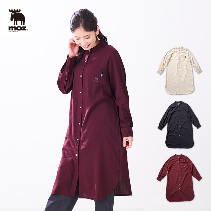 moz sweden パフ袖ロングシャツ 142224028 ( 北欧 公式 パフ袖 ロングシャツ ワンピース 羽織り シャツ トレンド 重ね着 レディース 秋 冬 長袖 柔らか 微光沢 大人 Iライン S M L LL )