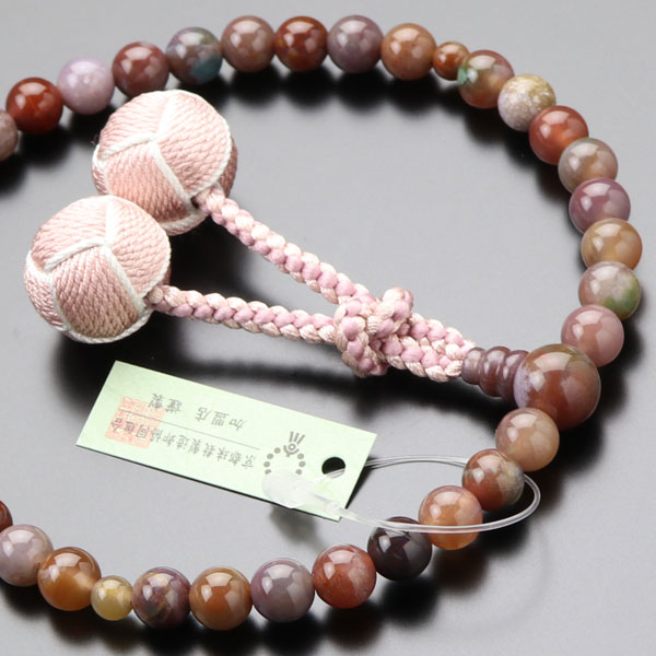 数珠 女性用 約7ミリ ピンク印度瑪瑙 正絹2色梵天房【略式数珠 京念珠 京都 ピンクインド瑪瑙 メノウ アゲート 宗派共通 葬式 法事 贈り物 7mm ピンク 桃色 マイ数珠 RJ JIM 2000200301288】【数珠袋付き】【送料無料】