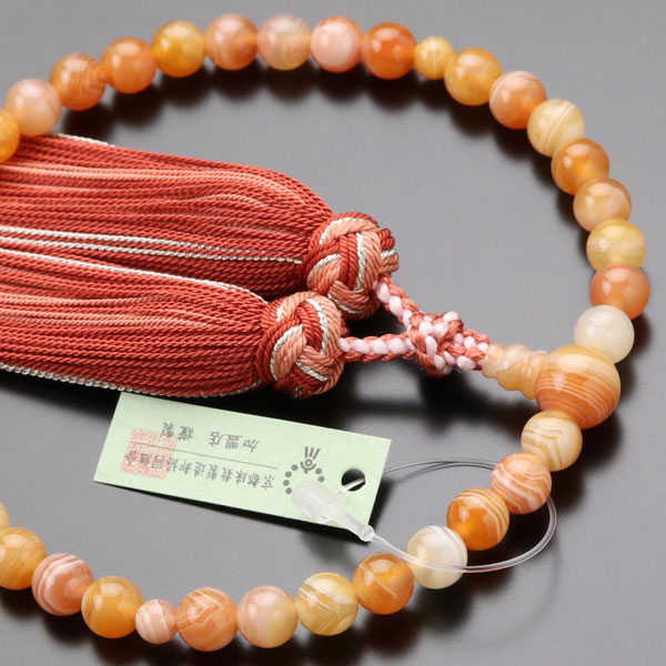 数珠 女性用 約7ミリ 桃色縞瑪瑙 銀花かがり房【略式数珠 京念珠 京都 レースアゲート めのう メノウ 宗派共通 葬儀 法要 天然石 贈り物 7mm オレンジ マイ数珠 JIM 2000200403302】【数珠袋付き】【送料無料】