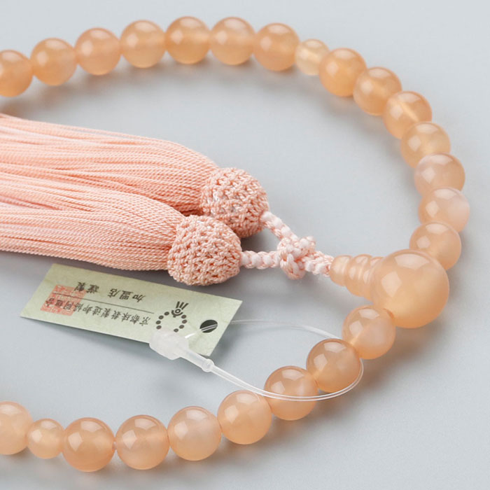 【現品お届け！】【別注房・一点モノ】≪美心（BISHIN）≫数珠 女性用 約8ミリ オレンジムーンストーン 正絹頭付松風2色重ね房【略式数珠 高級数珠 京念珠 京都 6月の誕生石 贈り物 秘蔵コレクション JIM RM RJ 2000200701125】【数珠袋付き】【送料無料】