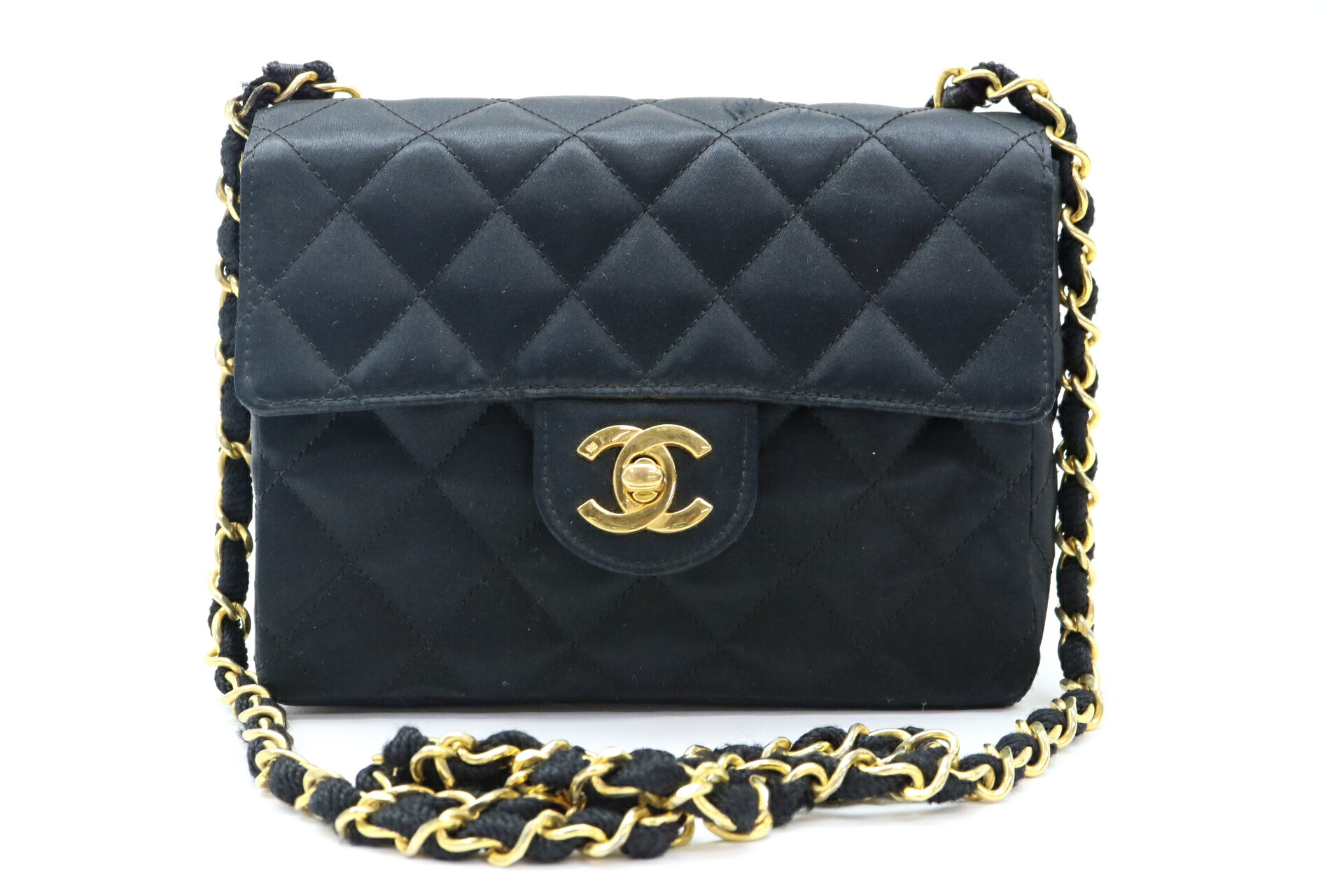 ★XX1197 CHANEL シャネル サテン ミニマトラッセ ターンロック チェーン ショルダー バッグ