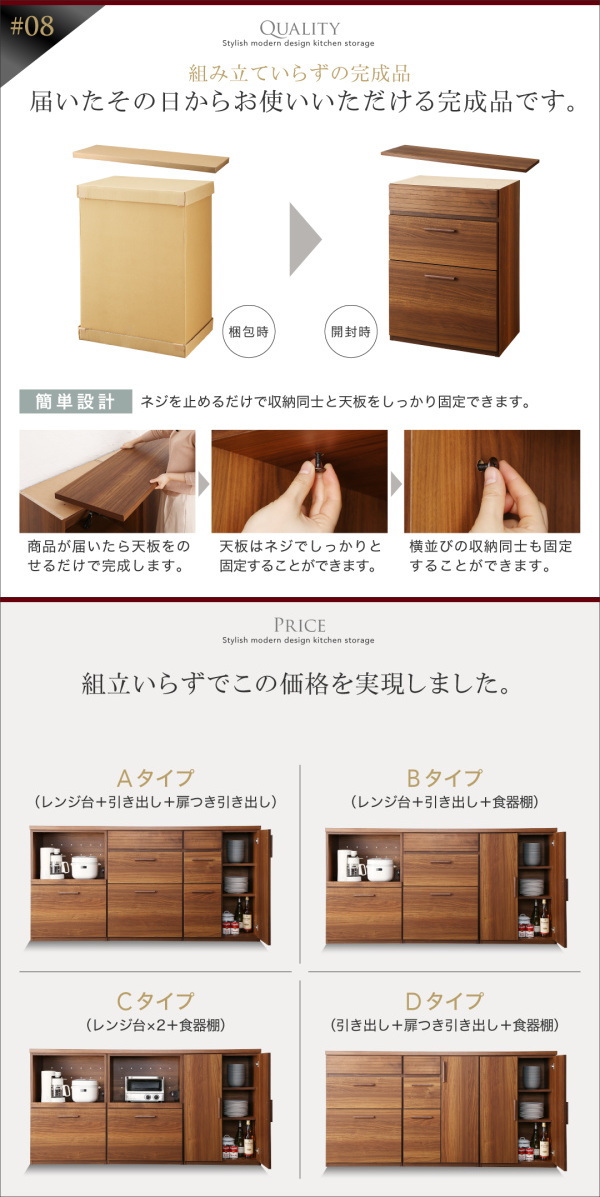 キッチン収納 日本製完成品 天然木調ワイドキッチンカウンター レンジ