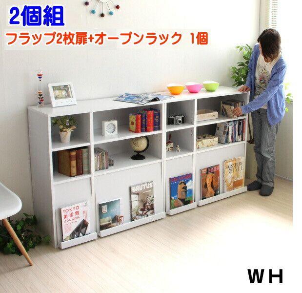 ディスプレイラック フラップチェスト 2枚扉 オープンラック 同型2個組 ホワイト Bセット 魅せる収納 書棚 扉付 シェルフ キャビネット 本棚 おしゃれ 北欧 絵本棚 薄型 大容量 木製 マガジンラック 収納 ブックスタンド 絵本 収納棚 ディスプレイ Tcp307 Set2