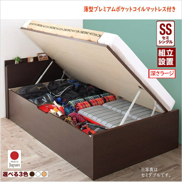 組立設置付 アウトドア収納跳ね上げベッド Matterhorn マッターホルン 薄型プレミアムポケットコイルマットレス付き セミシングル 深さラージ 「棚付 収納ベッド ラクラク収納 長物収納 アウトドアグッズ収納 国産」