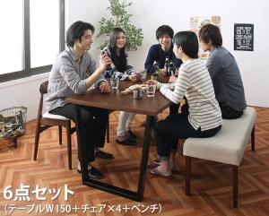 ダイニングセット（テーブル\u0026ベンチ チェア） ヴィンテージテイスト スチール脚ダイニングセット 6人 6点セット(テーブル+チェア4脚+ベンチ1脚) W150 組立設置付
