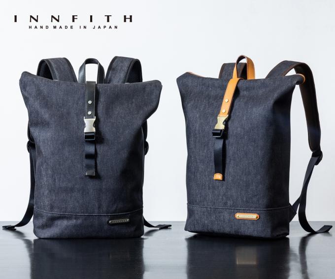 INNFITH インフィス デニムロールトップバックパック メンズ 岡山デニム 本革 牛革 レザー 天然皮革 撥水 国産 日本製 軽量 軽い 大容量 カジュアル かっこいい おしゃれ ビジネス 上品 自転車 散歩 通勤 通学 自転車 普段使い A4サイズ ブラック/キャメル noz-55739｜NEP ネップ メンズ館 16,500円