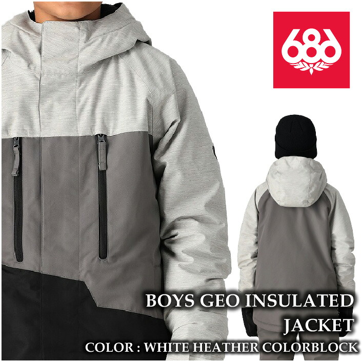 レビューでクーポン★[日本正規品] スノーボード ウェア ジャケット シックスエイトシックス 2025 686 BOYS GEO INSULATED JACKET White HeathrColrblck ユース キッズ こども 24-25｜Ne.S.T