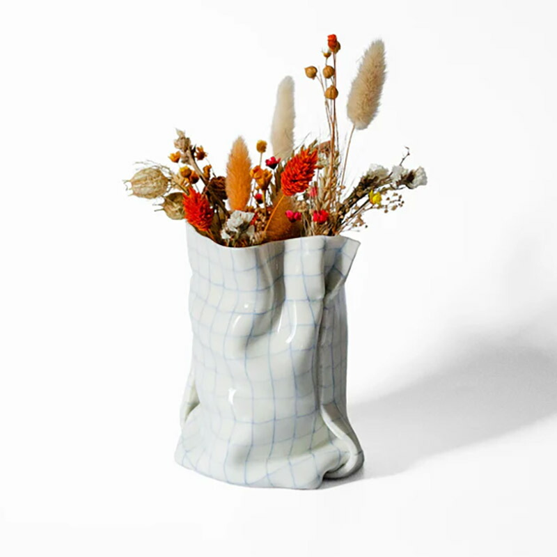 Saori M Stoneware 練込 布袋型 トール フラワーベース H13 磁器 チェック 花瓶 オブジェ 日本 アメリカ おしゃれ かわいい|nest 北欧モダンなインテリア雑貨