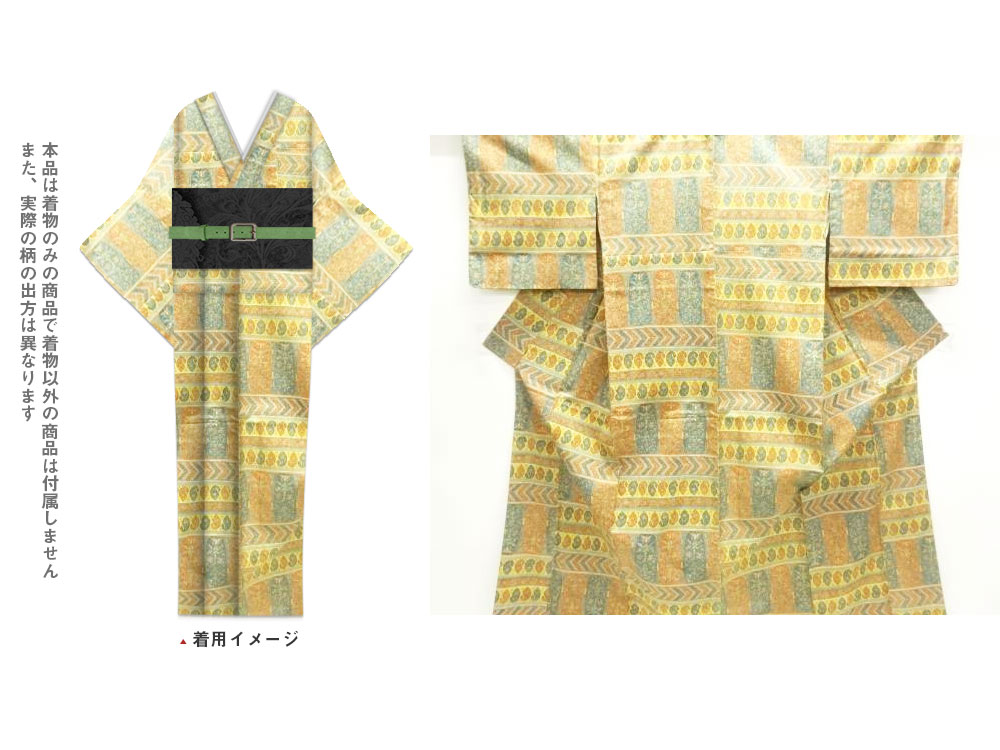 未使用品 仕立て上がり 横段に花更紗模様手織り紬着物【着】【紬・お召し】|Kimono-Shinei 2号店