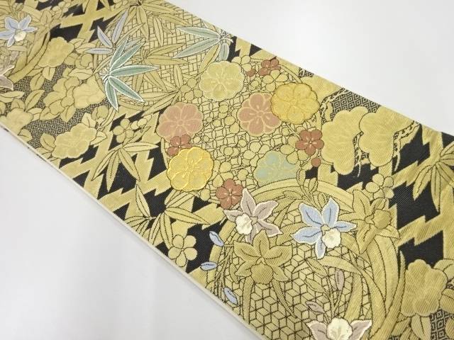 いラインアップ 帯 笹に花模様織出し袋帯 リサイクル 中古 Dgb Gov Bf