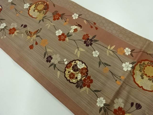 枝垂れ桜に梅・蝶模様織出し袋帯