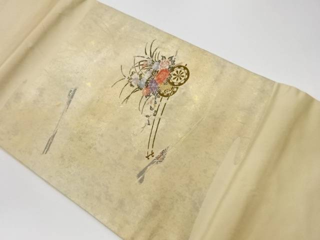 花車に扇模様織出し開き名古屋帯（額縁仕立て）【リサイクル】【中古】(prc) 7,358円