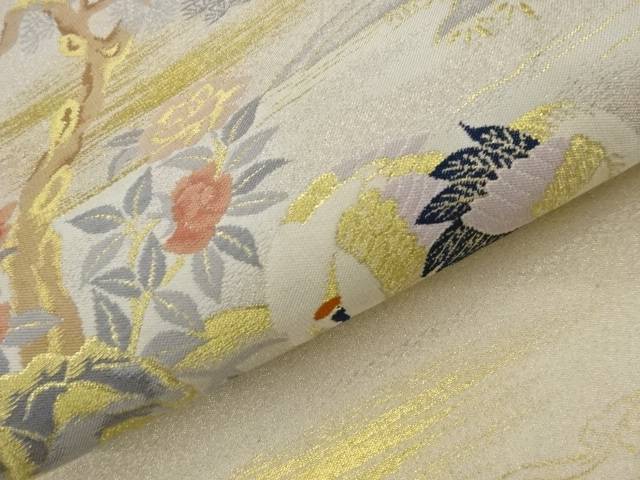 袋帯 正絹向かい鶴に松・藤・草花模様織出し 190219411