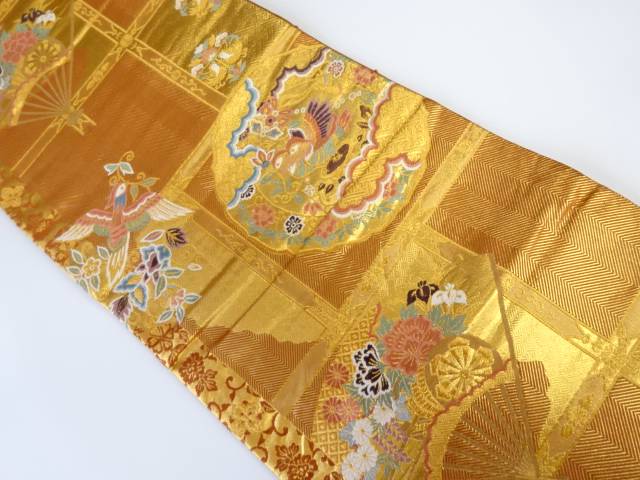 扇面に富裕 佳境喰い木綿付鳥修飾布帛出し袋帯 再利用 中古 着 Blackfishmarine Com