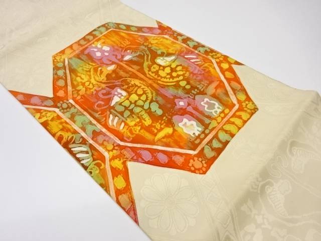 抽象向かい鳥に花々模様名古屋帯【リサイクル】【中古】【着】(prc)