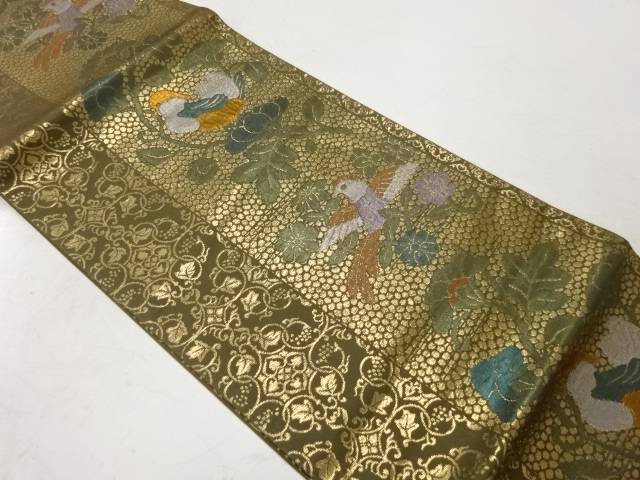 縞に花鳥模様織出し袋帯