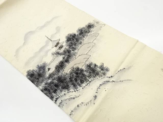 作家物　ひげ紬手描き塔・民家に樹木模様開き名古屋帯（額縁仕立て）【リサイクル】【中古】【着】(prc)