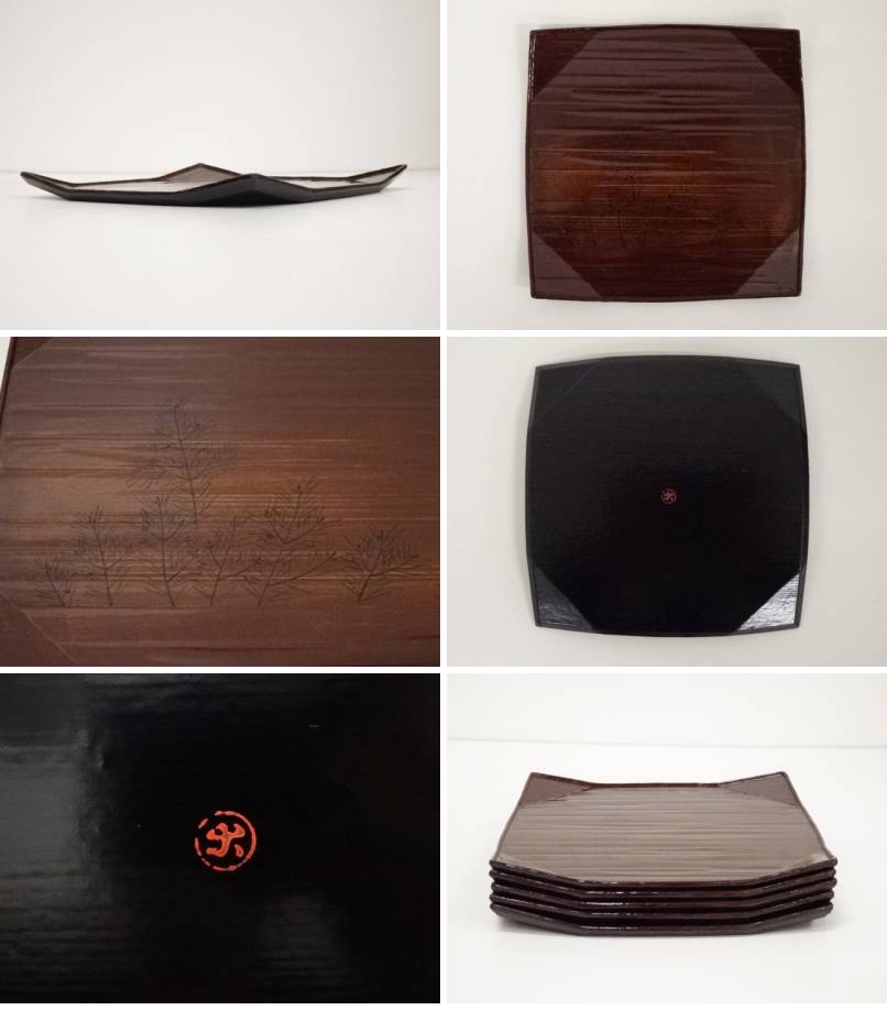 意求一閑造漆絵東雲盆5客(共箱)【中古】【道】
