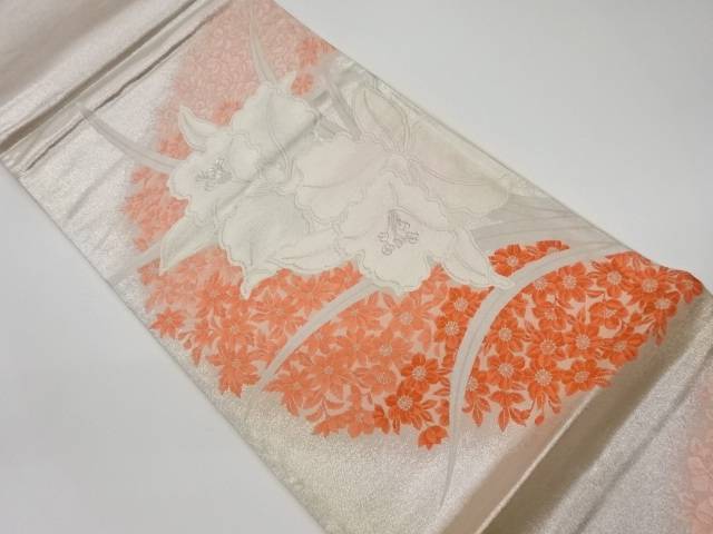 カトレアに草花模様織出し袋帯【リサイクル】【中古】【着】(prc)｜Kimono-Shinei　２号店