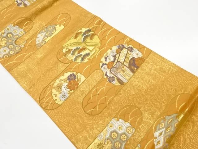 ヱ霞に花々・御所車・古典柄模様織出し袋帯【リサイクル】【中古】【着】(prc)