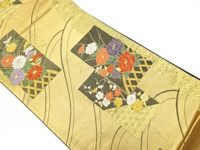 短冊に花々・古典柄模様織出し袋帯【リサイクル】【中古】【着】(prc)