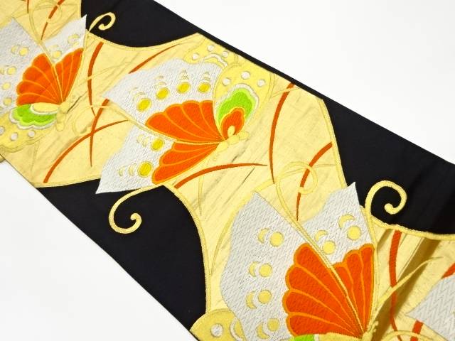 蝶模様織出し袋帯【リサイクル】【中古】【着】(prc)