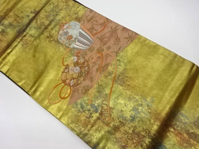 引箔仕覆に花々模様織出し名古屋帯【リサイクル】【中古】【着】(prc)