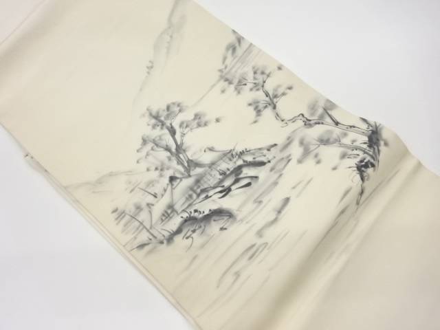 作家物　塩瀬手描き山並みに樹木・民家風景模様名古屋帯【リサイクル】【中古】【着】(prc)