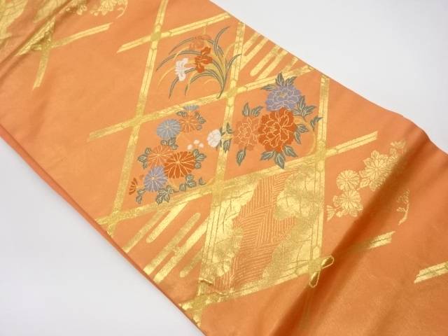 波に菊・牡丹・菖蒲模様織出し名古屋帯【リサイクル】【中古】【着】(prc)