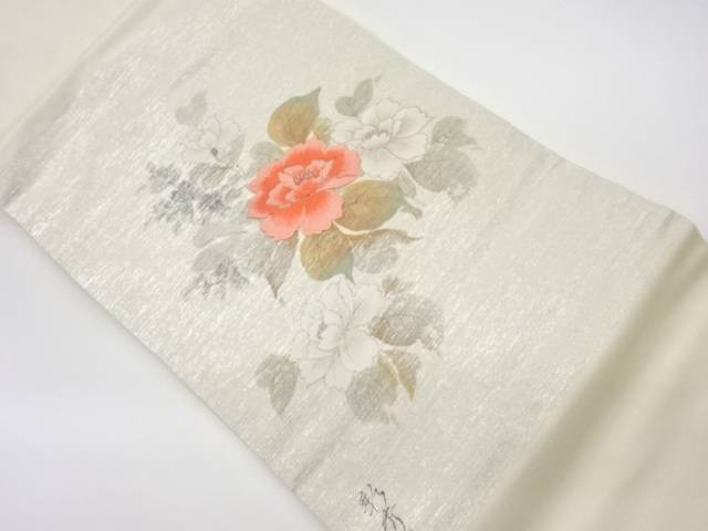 彩秀作　手描き花模様刺繍名古屋帯【リサイクル】【中古】【着】(prc)