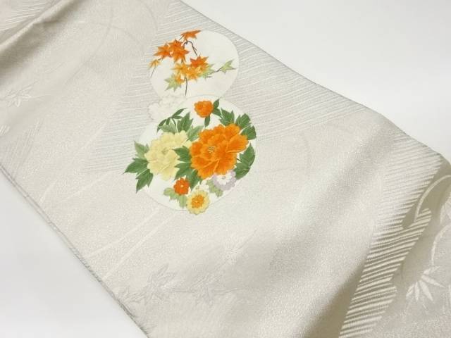 丸文に牡丹・紅葉模様刺繍名古屋帯【リサイクル】【中古】【着】(prc)