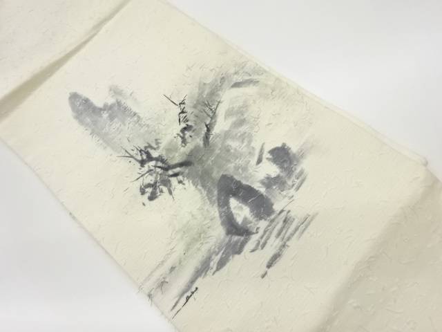 ひげ紬手描き抽象風景模様名古屋帯【リサイクル】【中古】【着】(prc)